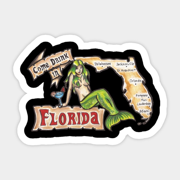 Mermaid Florida Postcard: Come Drink in Florida Sticker by JohnKing